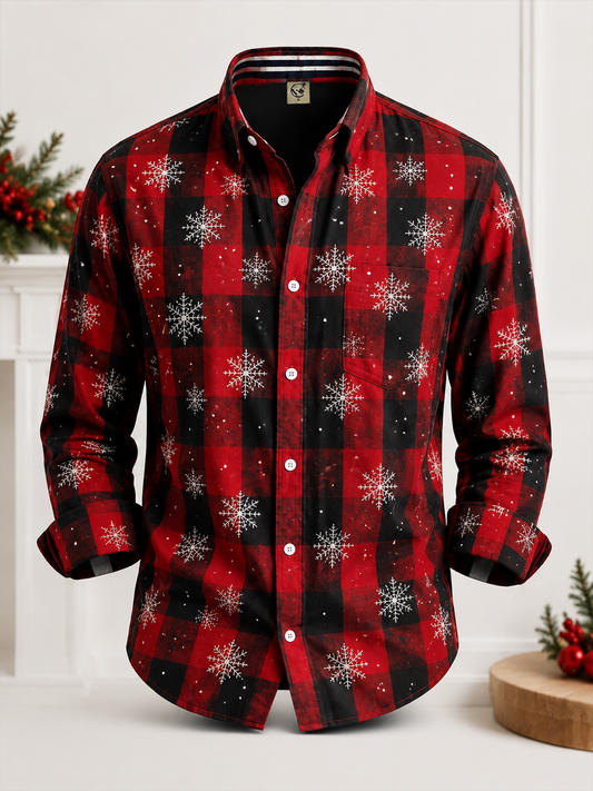 Moisture-Wicking  Christmas Snowflake Plaid Chest Pocket Long-Sleeve Casual Shirt