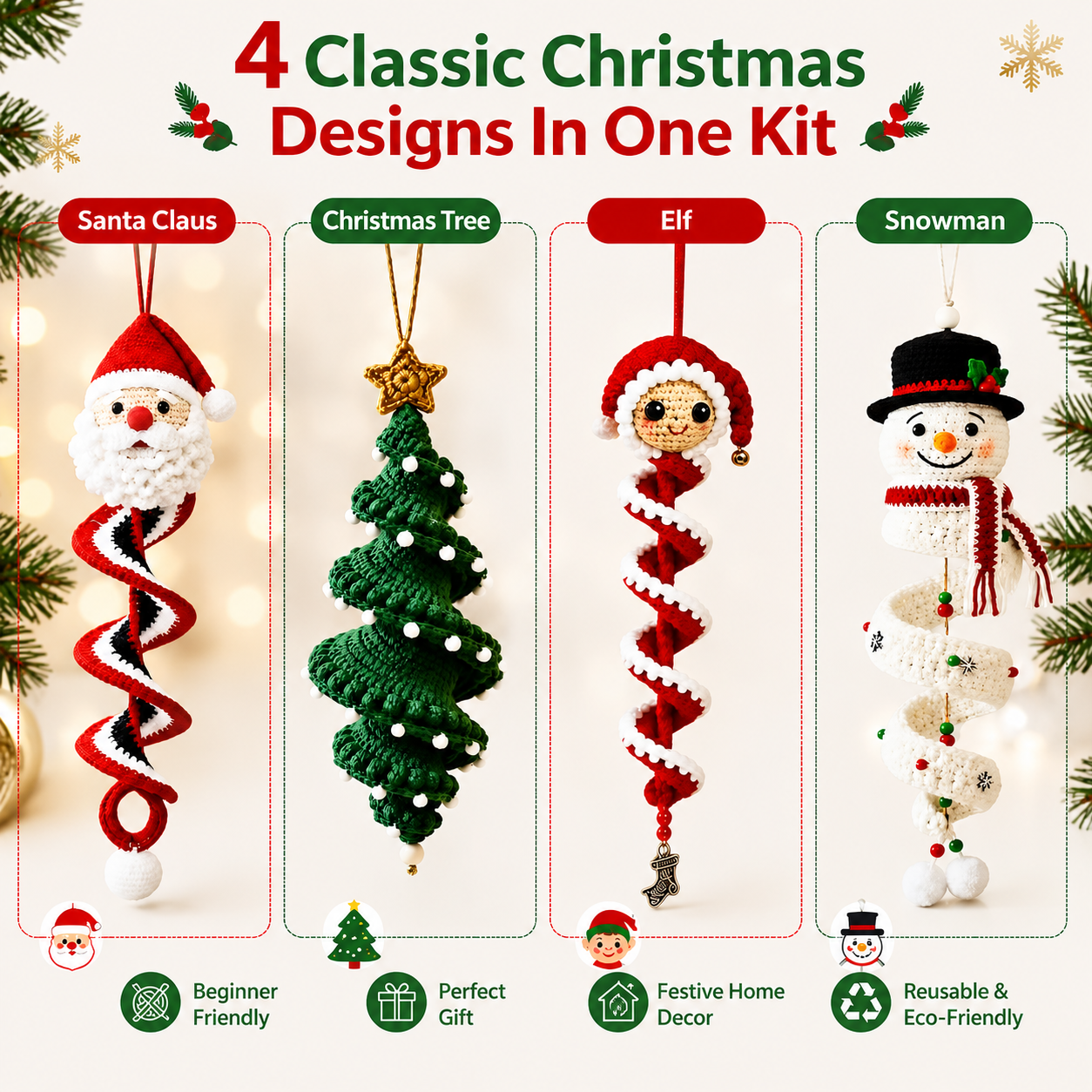 DIY Crochet Spiral Christmas Ornament Kit – 4 Beginner-Friendly Santa, Tree, Elf & Snowman Decorations