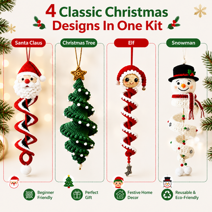 DIY Crochet Spiral Christmas Ornament Kit – 4 Beginner-Friendly Santa, Tree, Elf & Snowman Decorations
