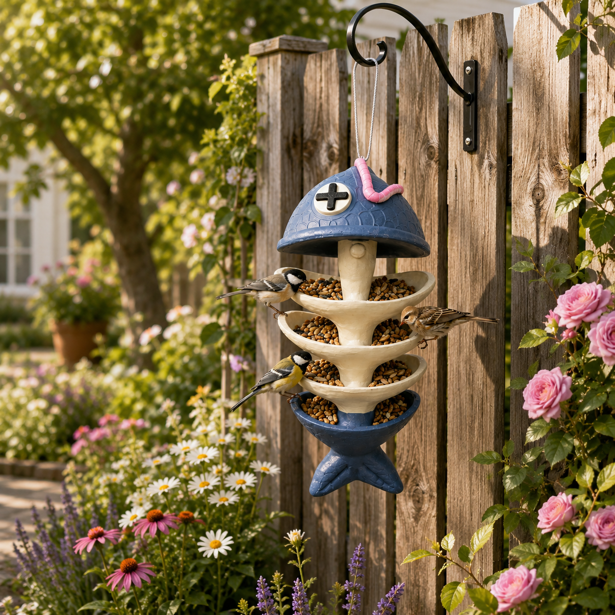 Fishbone Hanging Bird Feeder - Whimsical Outdoor Garden Decor for Bird Lovers