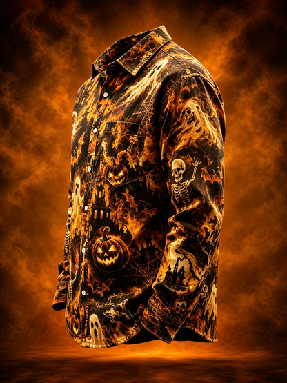 Moisture-Wicking Halloween Castle Pumpkin Ghost Bat Chest Pocket Long-Sleeve Casual Shirt