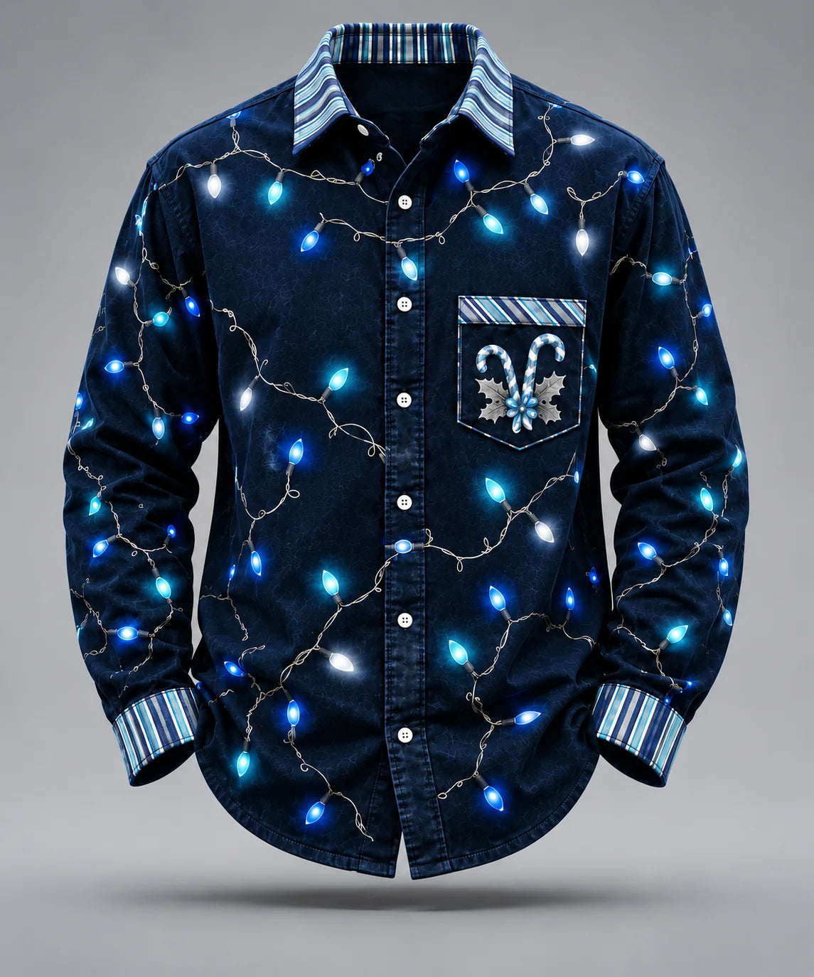 Moisture-Wicking Christmas Lights & Candy Cane Chest Pocket  Long-Sleeve Casual Shirt