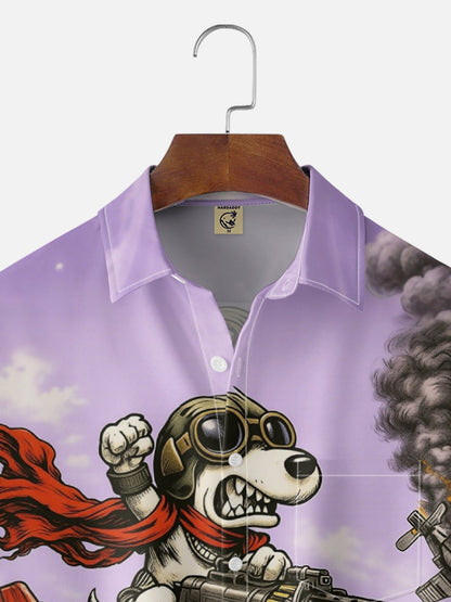 Moisture-Wicking Abstract Airplane & Dog Pattern and Chest Pocket Holiday Hawaiian Shirt