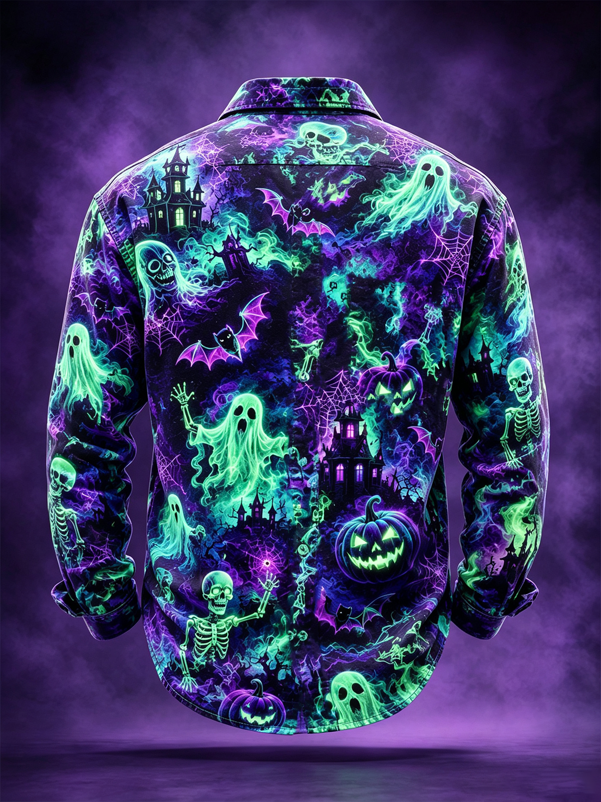 Moisture-Wicking Halloween Castle Pumpkin Ghost Bat Chest Pocket Long-Sleeve Casual Shirt