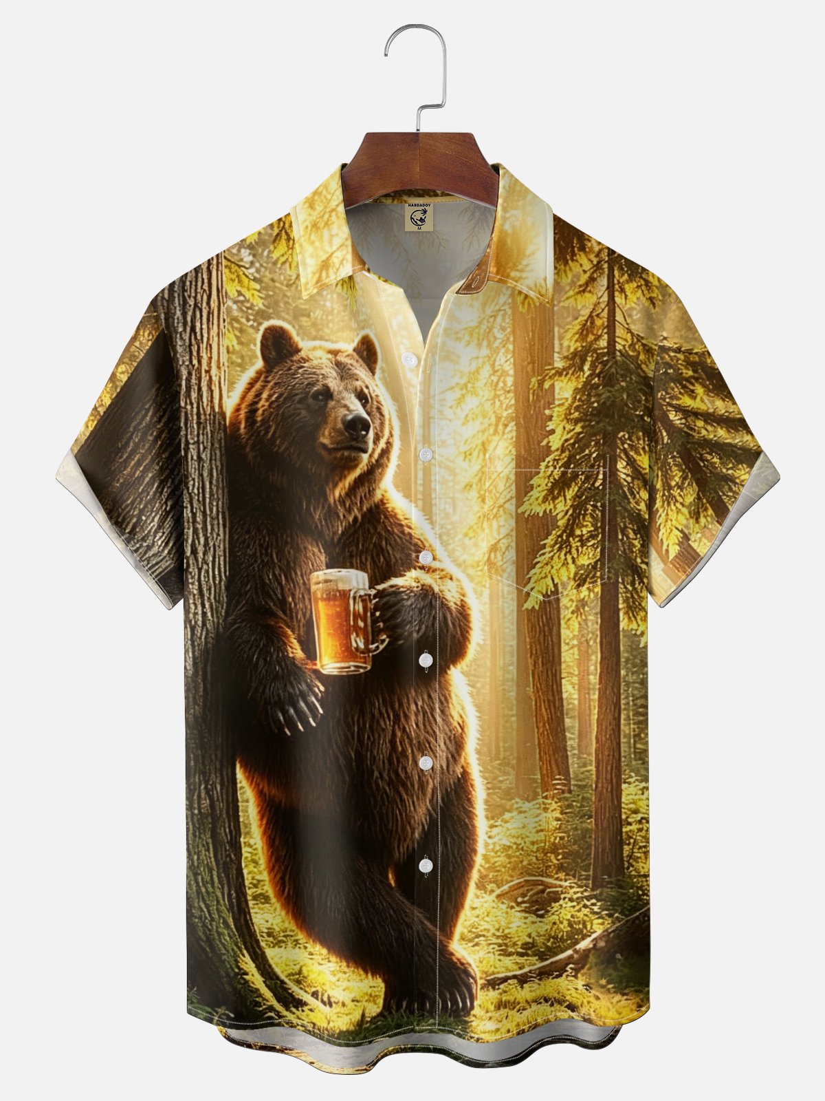Moisture-wicking Brown Bear Fun Beer Chest Pocket Hawaiian Shirt