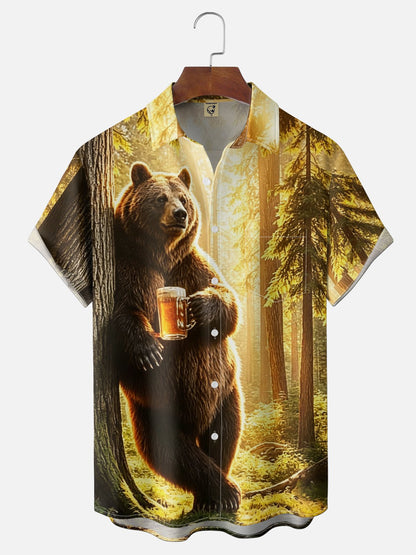 Moisture-wicking Brown Bear Fun Beer Chest Pocket Hawaiian Shirt