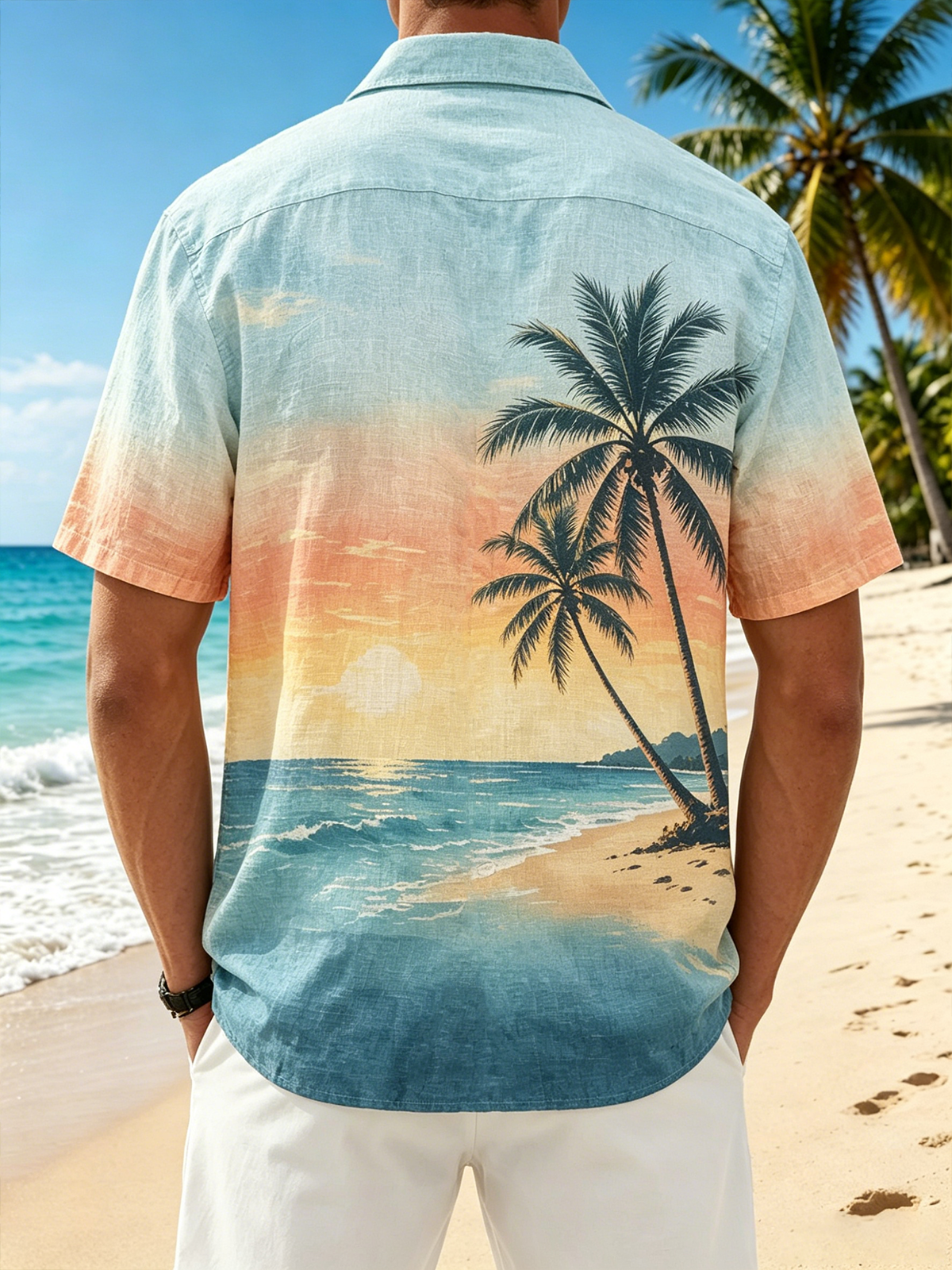 Linen-Texture Tropical Coconut Tree Print Chest Pocket Holiday Hawaiian Shirt