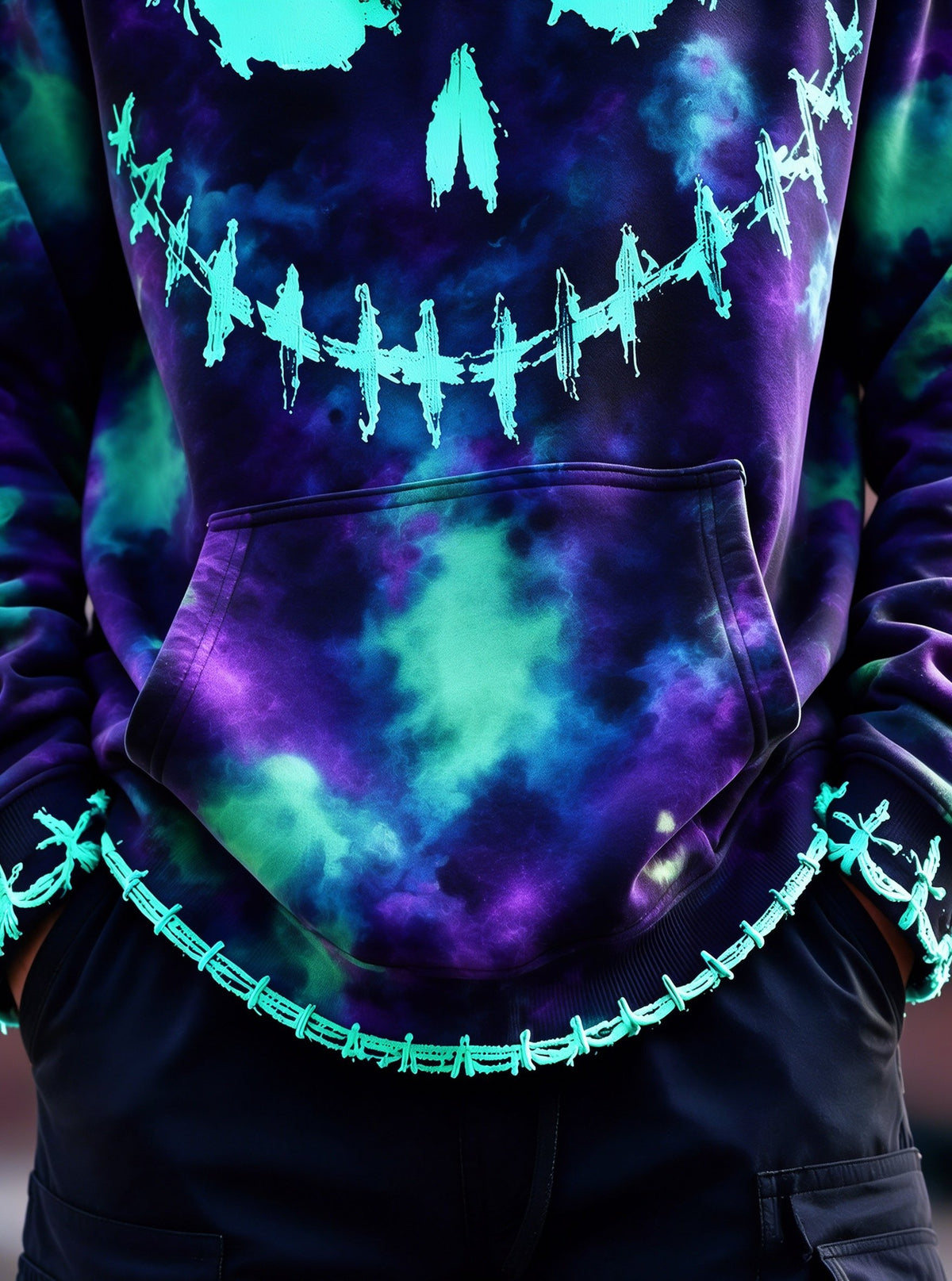 Halloween Stitched Pumpkin Face Cross‑Stitch Gothic Kangaroo-Pocket Hoodie Sweatshirt
