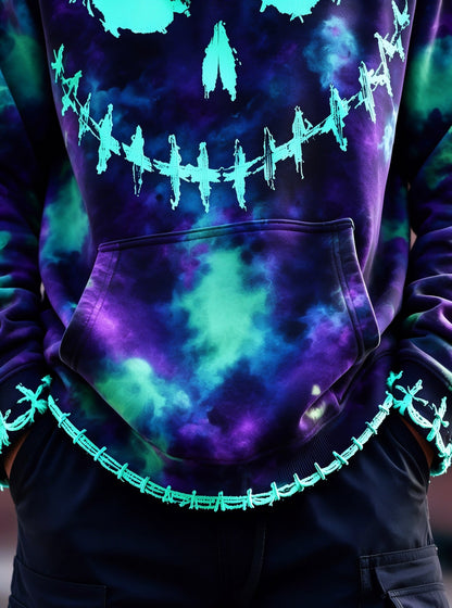 Halloween Stitched Pumpkin Face Cross‑Stitch Gothic Kangaroo-Pocket Hoodie Sweatshirt