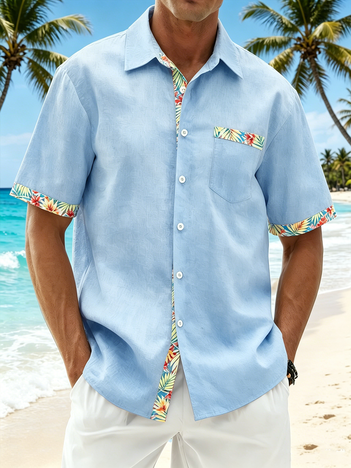 Linen-Textured Solid & Floral Patchwork Chest Pocket Hawaiian Holiday Shirt