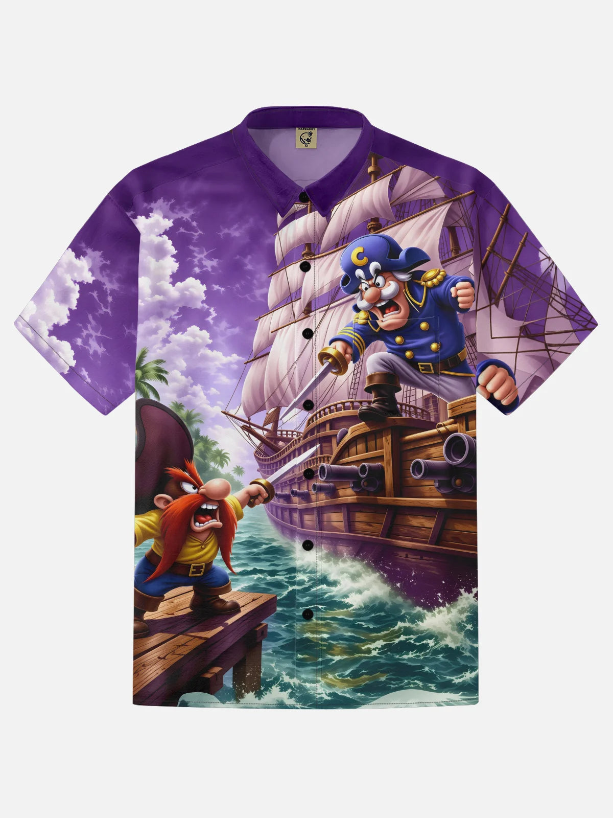 Moisture-Wicking Gradient-Color Dueling Pirates & Sailboats Design  Chest Pocket Hawaiian Shirt