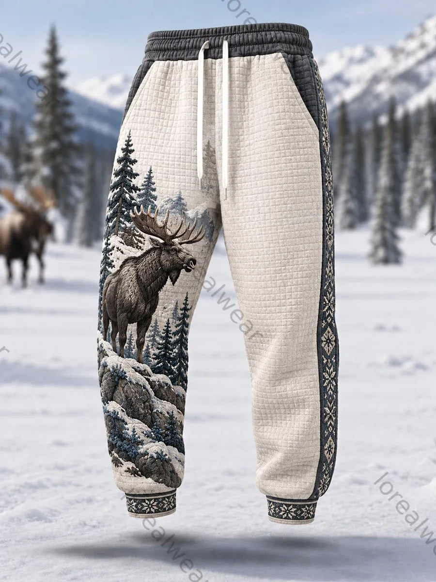 Men's Winter Moose Print Casual Waffle Pants