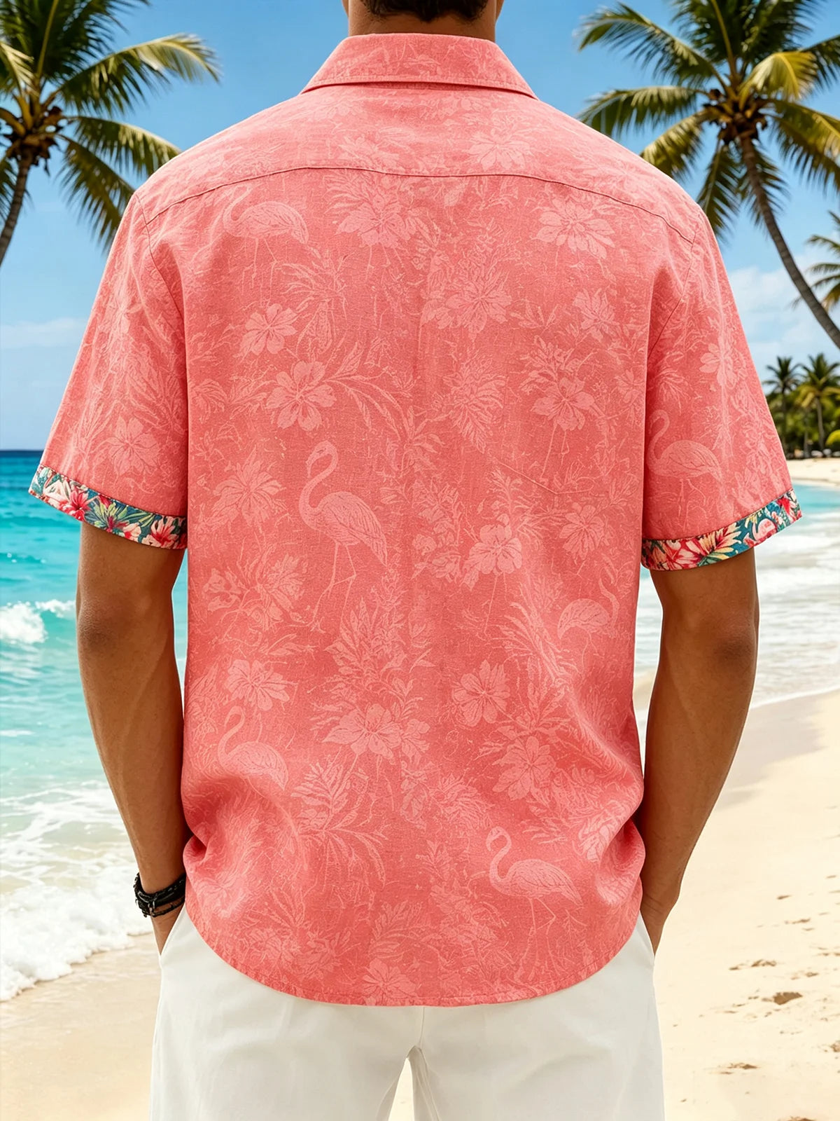 Linen-Texture Tropical Leaf  Flamingo Print and Chest Pocket  Casual Shirt