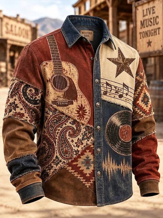 Men's Vintage Western Guitar Retro Vinyl Record And Sound Wave Graphic Long Sleeve Shirt