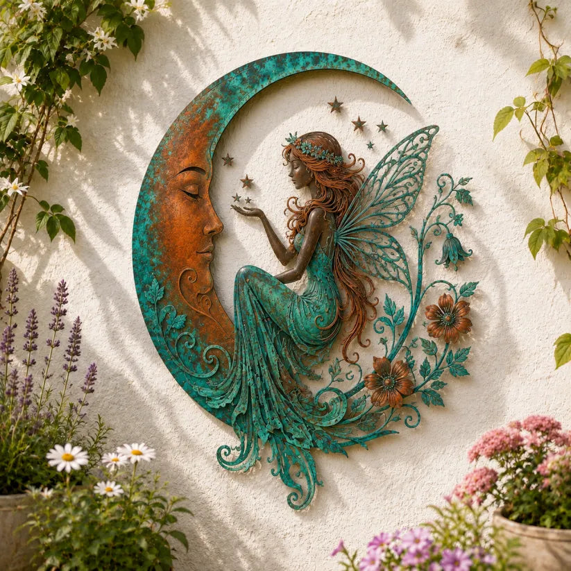 Rustic Moon Garden Metal Wall Art – Dragonfly, Bee, Fairy & Black Cat Outdoor Decor