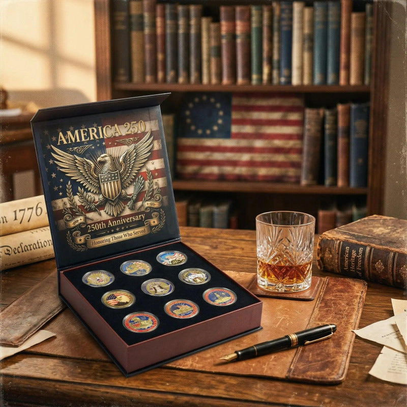 America 250 Commemorative Coin Set With Gift Box - 9PCS 250th Anniversary Patriotic Collectible Coins