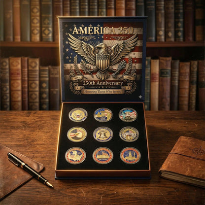 America 250 Commemorative Coin Set With Gift Box - 9PCS 250th Anniversary Patriotic Collectible Coins