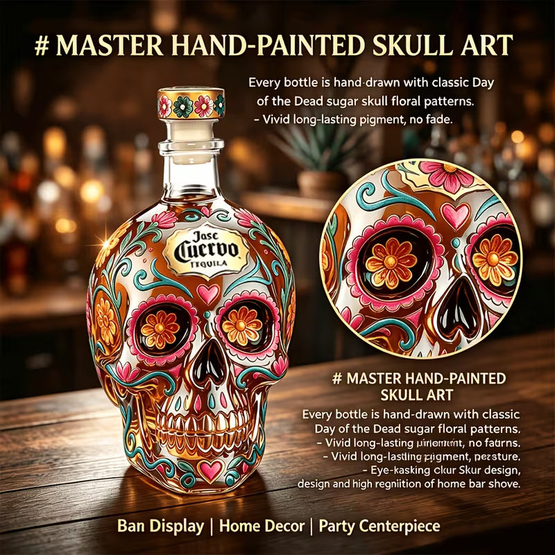 Gothic Floral Skull Glass Decanter Bottle – Day of the Dead Bar & Halloween Decor