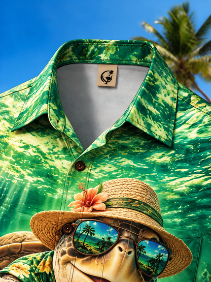 Moisture-Wicking Funny Sea Turtle Straw Hat Sunglasses Underwater Coral Reef Tropical Fish Chest Pocket Hawaiian Shirt