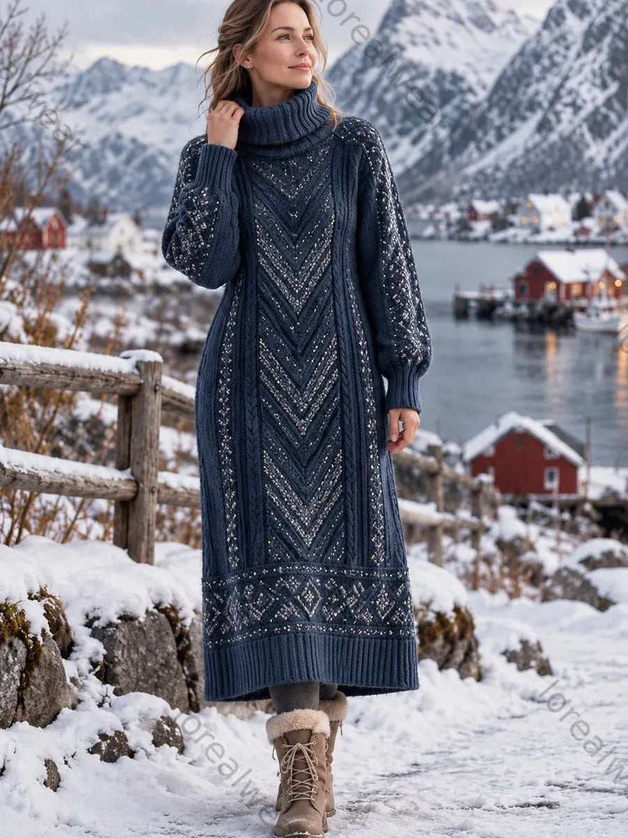 Women's Retro Nordic Herringbone Print Artistic High-Neck Dress