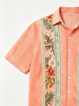 Linen-Texture Geometric Stripe & Parrot Floral Guayabera Shirt