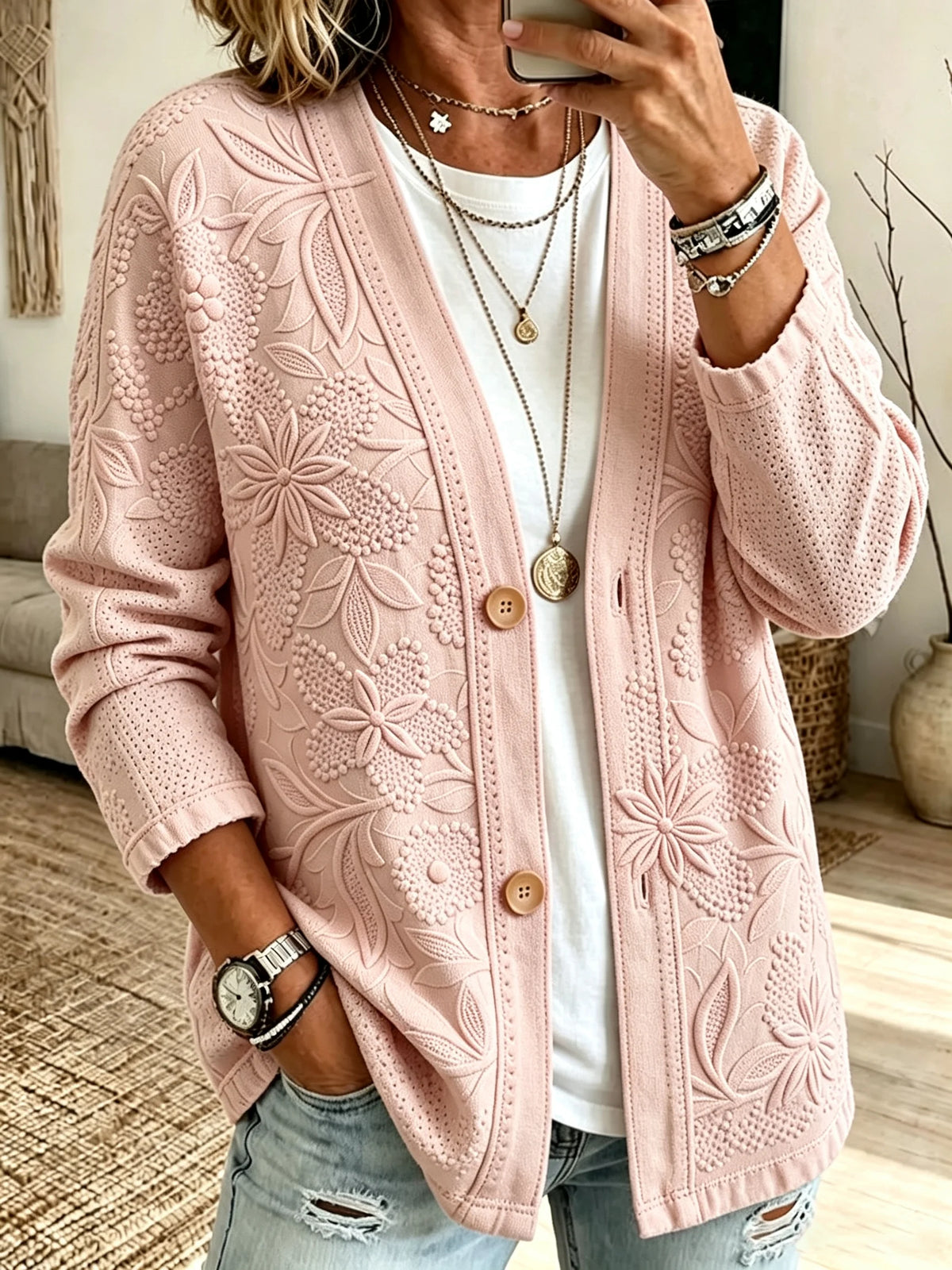 Women's Retro Pink Floral Print Casual Cardigan