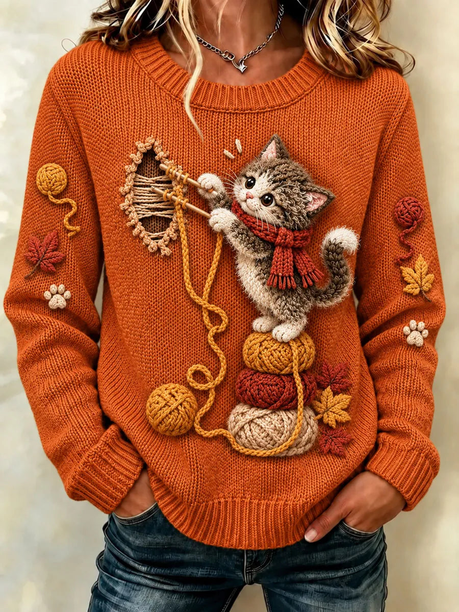 Women's Cute Kitten Yarn Ball Graphic Sweater