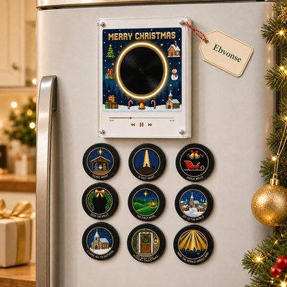 Christmas Magnetic Vinyl Music Player - 9 Mini Records Holiday Fridge Decor