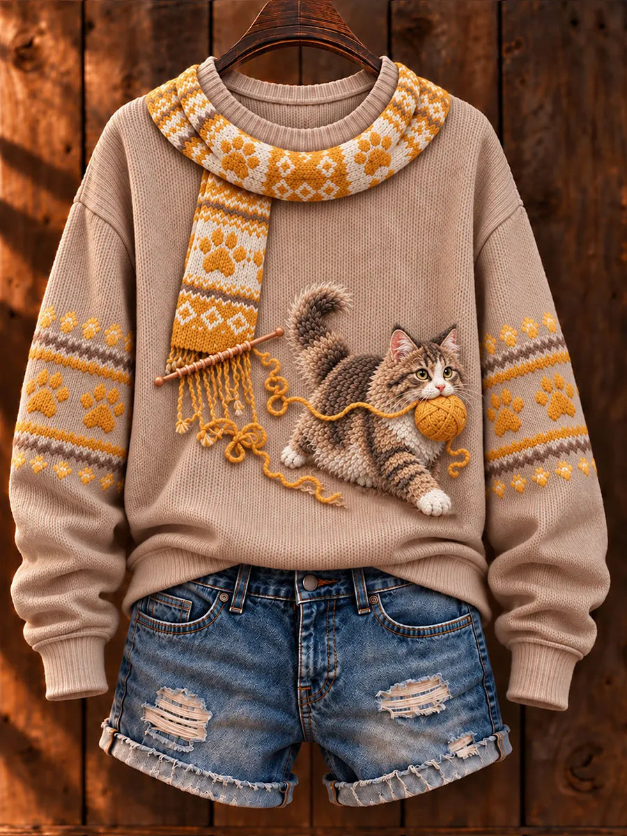 Women's "Mischievous Kitty" Maine Coon Art Print Casual Sweater