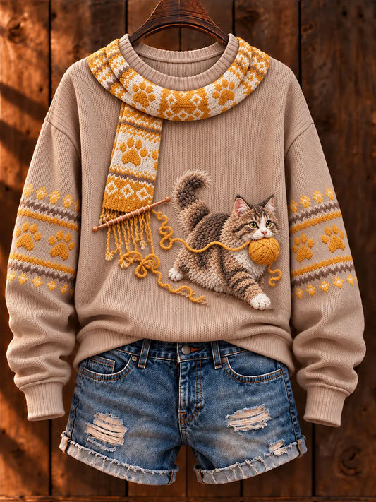 Women's "Mischievous Kitty" Maine Coon Art Print Casual Sweater