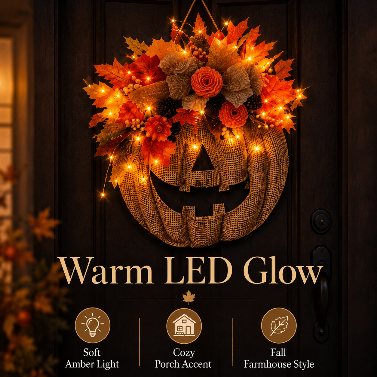 Lighted Burlap Pumpkin Wreath - Farmhouse Fall Halloween Door Decor