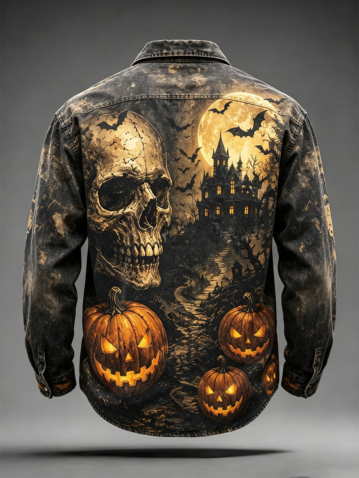 Moisture-Wicking Halloween Castle Pumpkin Skull Bat Print Chest Pocket Long-Sleeve Casual Shirt