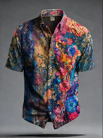 Moisture-Wicking Abstract Gradient Floral Print Chest Pocket Hawaiian Shirt