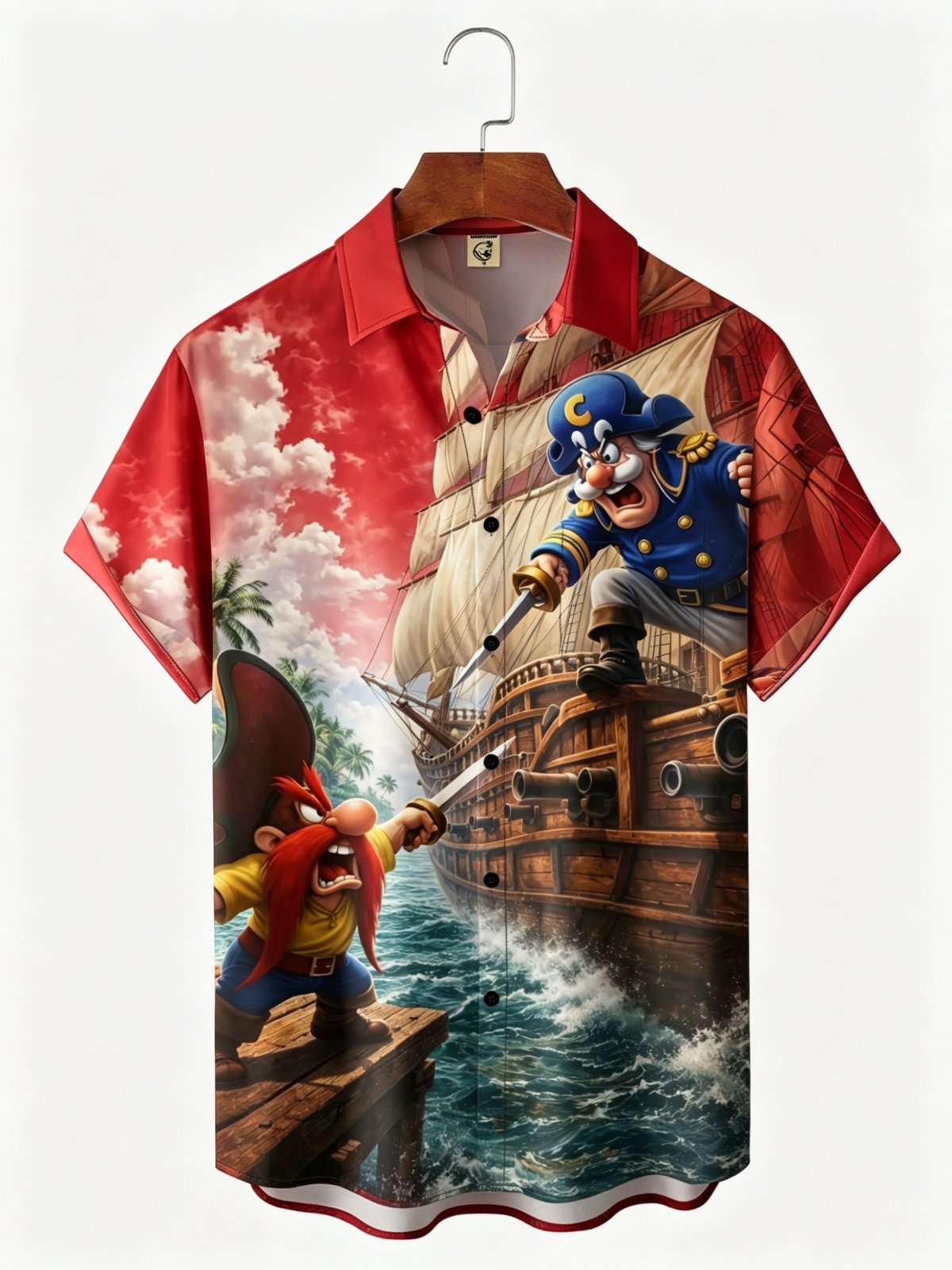 Moisture-Wicking Gradient-Color Dueling Pirates & Sailboats Design  Chest Pocket Hawaiian Shirt