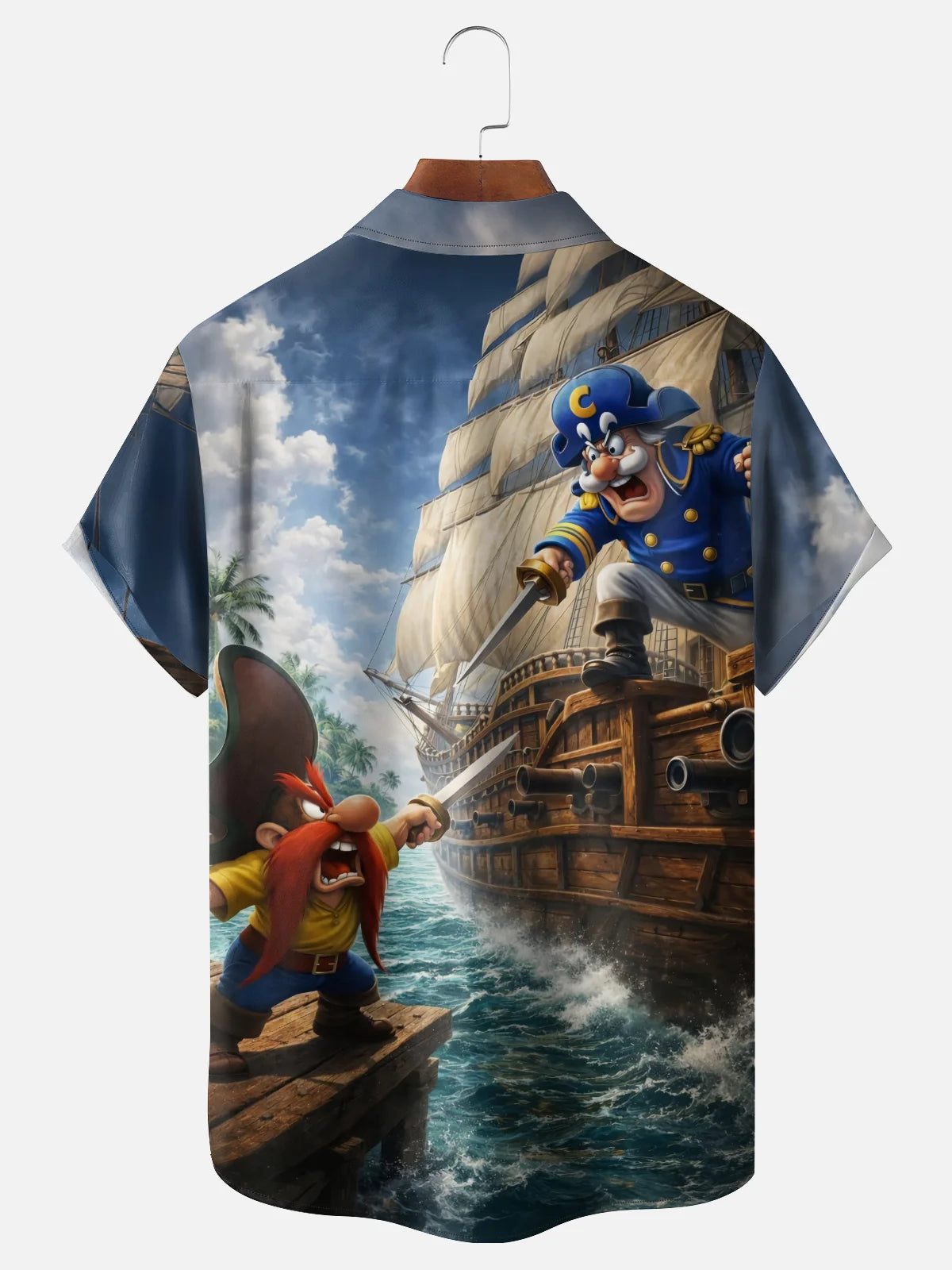 Moisture-Wicking Gradient-Color Dueling Pirates & Sailboats Design  Chest Pocket Hawaiian Shirt