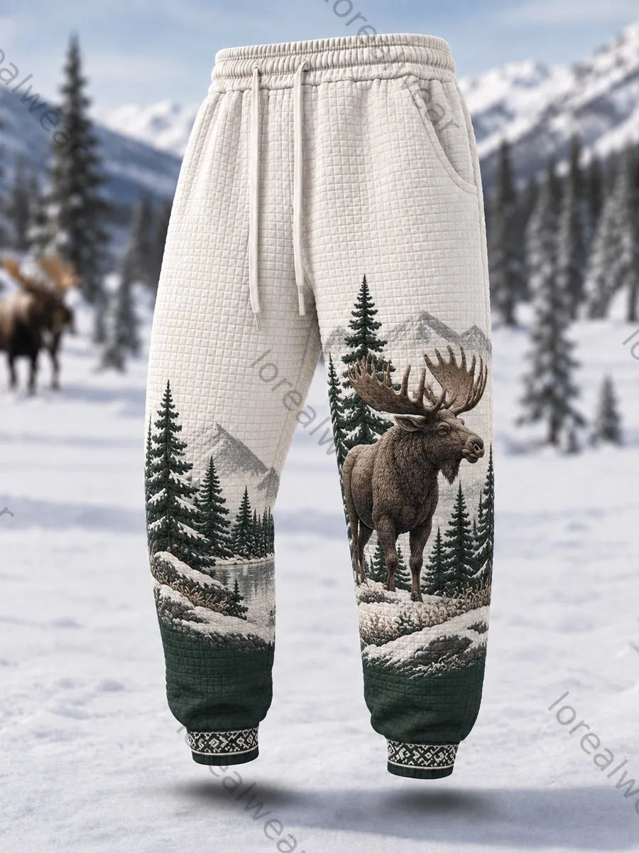 Men's Winter Moose Print Casual Waffle Pants