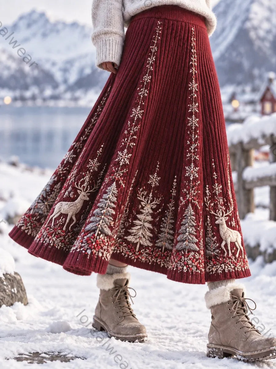 Women's Retro Nordic Moose Forest Art A-Line Skirt