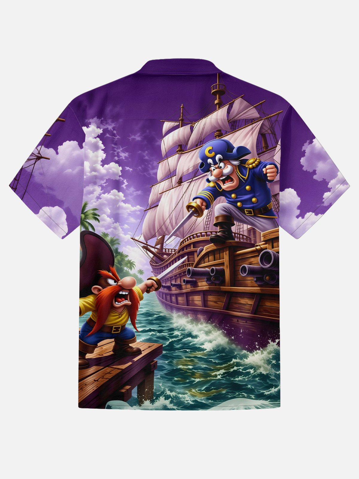 Moisture-Wicking Gradient-Color Dueling Pirates & Sailboats Design  Chest Pocket Hawaiian Shirt