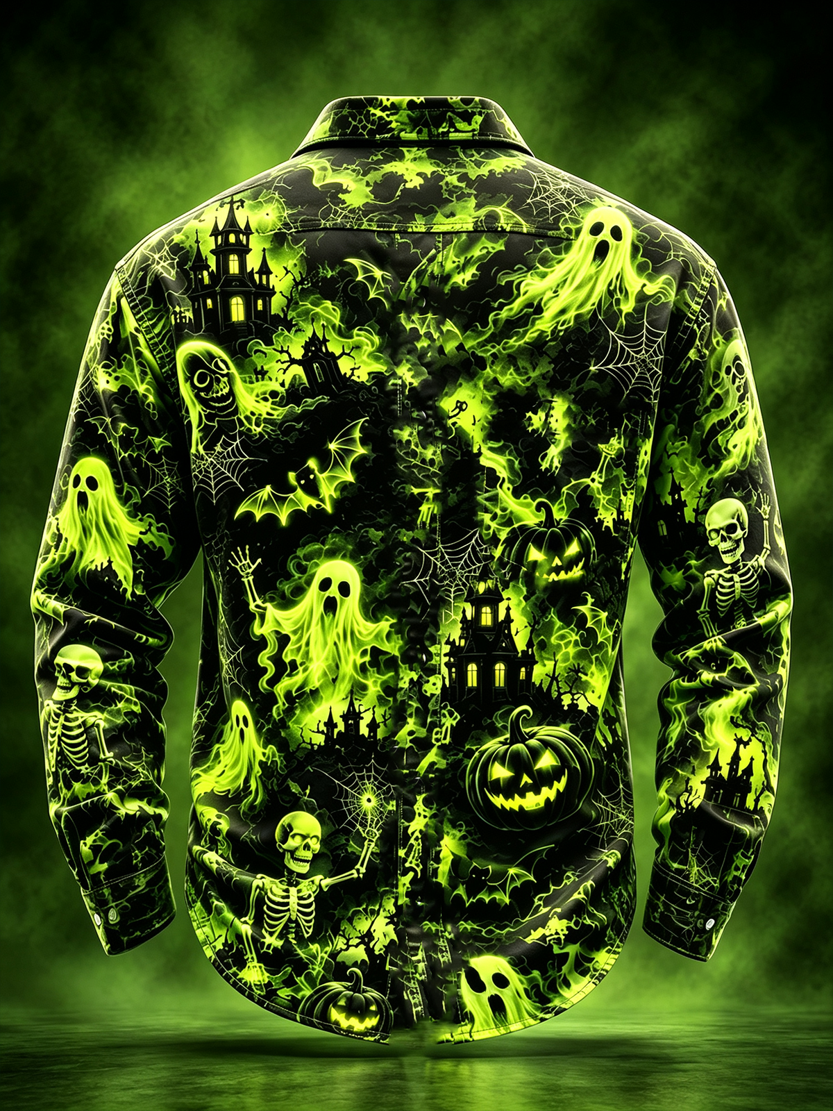Moisture-Wicking Halloween Castle Pumpkin Ghost Bat Chest Pocket Long-Sleeve Casual Shirt