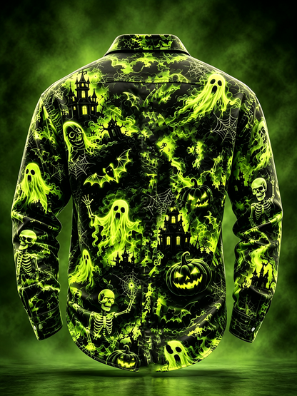 Moisture-Wicking Halloween Castle Pumpkin Ghost Bat Chest Pocket Long-Sleeve Casual Shirt