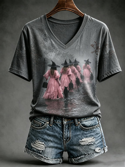 Women's Mysterious Witch and Black Cat Print V-Neck Top