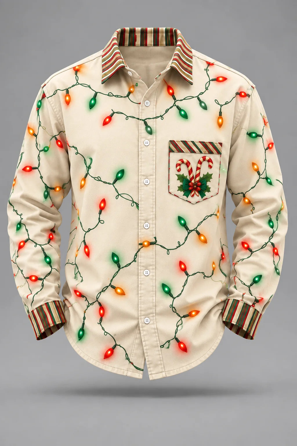 Moisture-Wicking Christmas Lights & Candy Cane Chest Pocket  Long-Sleeve Casual Shirt