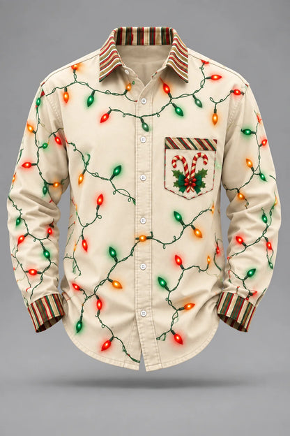 Moisture-Wicking Christmas Lights & Candy Cane Chest Pocket  Long-Sleeve Casual Shirt