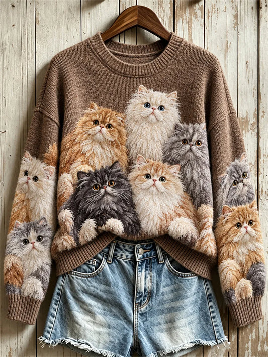 Women's Crowded Fuzzy Persian Cats Print crew neck sweater
