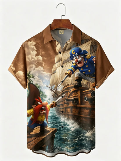 Moisture-Wicking Gradient-Color Dueling Pirates & Sailboats Design  Chest Pocket Hawaiian Shirt