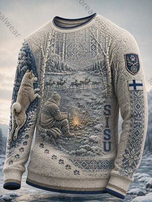 Men's Retro Nordic Hound Art Print Casual Comfortable Waffle Knit Sweatshirt