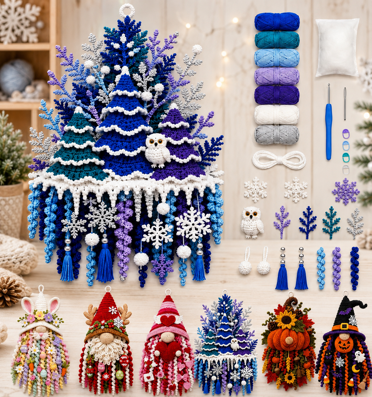 3D DIY Crochet Christmas Door Hanger Kit - Handmade Winter Tree Holiday Decor