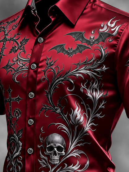 Breathable Silk Satin  Subtle Bat Pattern Halloween Style Casual Shirt