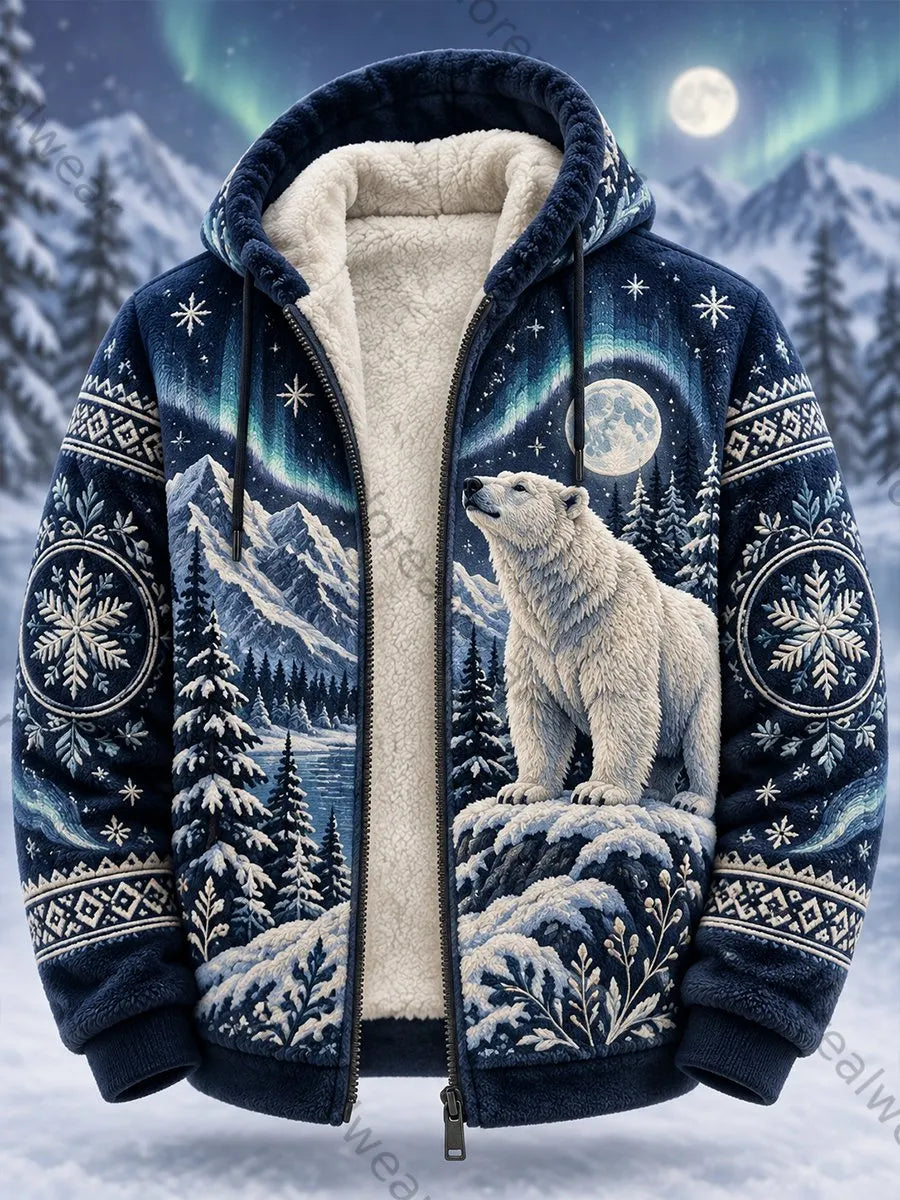 Men's Nordic Forest Animals Fleece-Lined Hooded Jacket