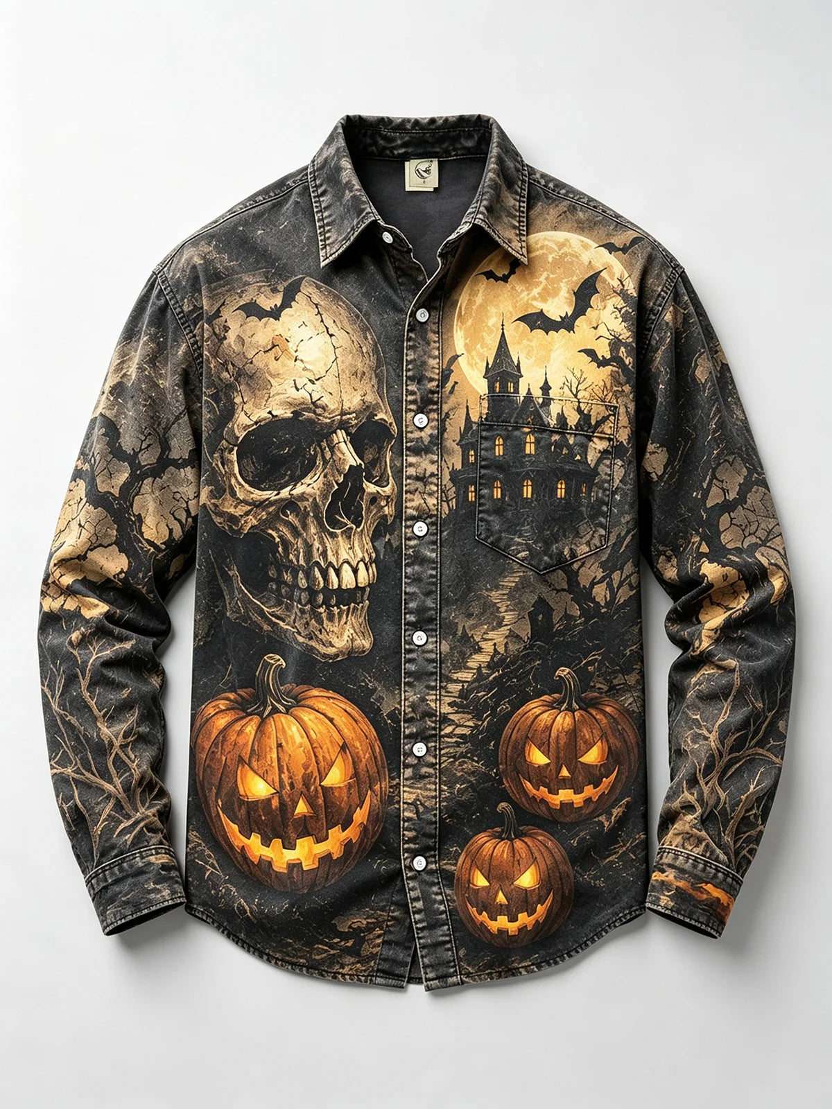 Moisture-Wicking Halloween Castle Pumpkin Skull Bat Print Chest Pocket Long-Sleeve Casual Shirt